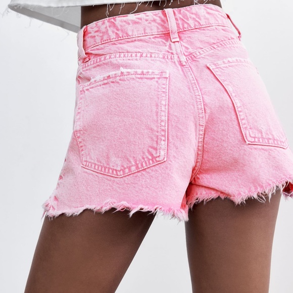 Zara Frayed High Rise Denim Shorts Pink 